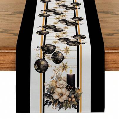 1/4 peças Conjunto de caminho de mesa com padrão floral de balão dourado preto de Natal, tecido para decoração de mesa de feriado com atmosfera festiva, decoração de Natal, conjunto de caminho de mesa de presente adequado para celebrações internas e externas, suprimentos para festas sazonais, decoração de mesa de jantar de cozinha, decoração de mesa de festa, decoração de sala de casa