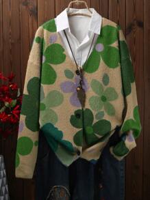 Women Casual Loose Knitted Printed Mink Velvet V-Neck Button Cardigan Sweater Short Jacket