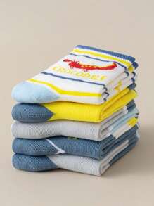 5 Pairs Boys Comfy Dinosaur Graphic Round Toe Mid Calf Socks - Multicolor - View 5