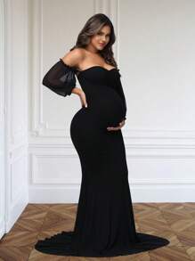 JustVH Maternity V-Neck Off-Shoulder Mermaid Hem Dress Mesh Puff Sleeves Maxi Gown For Photoshoot Baby Shower