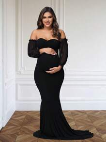 JustVH Maternity V-Neck Off-Shoulder Mermaid Hem Dress Mesh Puff Sleeves Maxi Gown For Photoshoot Baby Shower