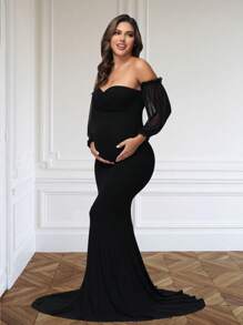 JustVH Maternity V-Neck Off-Shoulder Mermaid Hem Dress Mesh Puff Sleeves Maxi Gown For Photoshoot Baby Shower