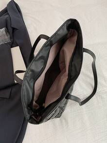 Túi đeo vai chần bông mùa thu/đông mới, đường khâu thêu kẻ caro, chắp vá nhiều chất liệu, túi tote chủ đề không gian, sức chứa lớn, túi khoác vai phồng thường ngày, túi lớn màu trơn, túi đa năng cho nữ, túi đi làm thanh lịch để sử dụng hàng ngày - màu đen - Xem 10