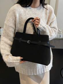 2024年新款时尚经典百搭女士麂皮包，复古秋冬大容量手提包，皮带装饰方包，商务包麂皮包，适合上班，旅游购物，郊游，商务使用。 - 查看 1