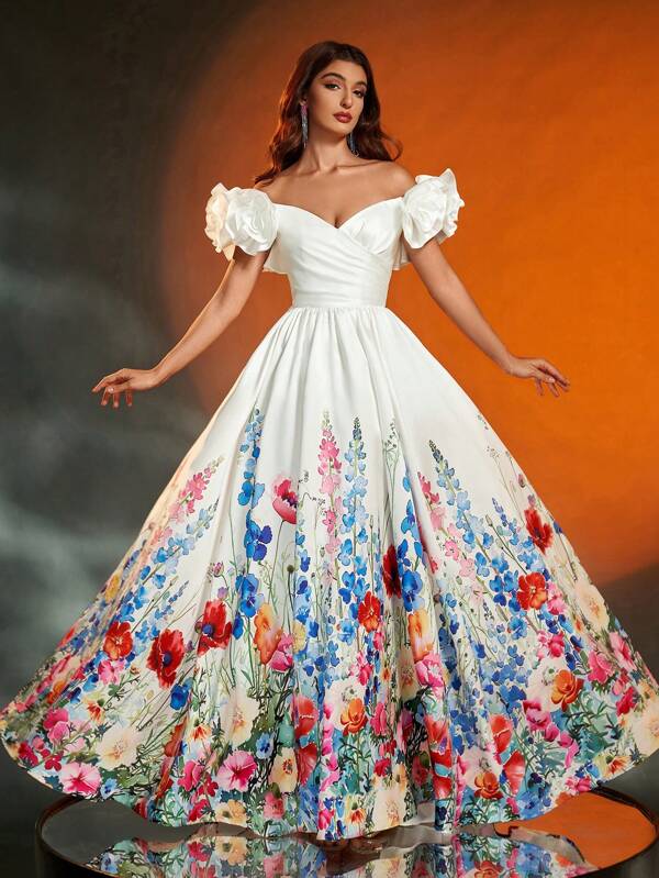 Vestido Longo de Festa de Formatura Branco com Impressão Floral, Ombros de Fora, Vestido de Convidado de Casamento