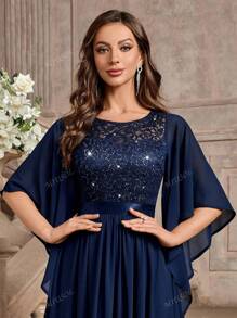 MIUSOL Elegant Sequin Floral Lace Butterfly Sleeve Chiffon Formal Party Dress, Prom Evening Dress, For Wedding Guest, Graduation, Dinner,Gown