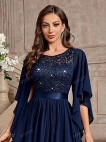 MIUSOL Elegant Sequin Floral Lace Butterfly Sleeve Chiffon Formal Party Dress, Prom Evening Dress, For Wedding Guest, Graduation, Dinner,Gown