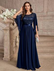 MIUSOL 优雅亮片花卉蕾丝蝴蝶袖雪纺正式派对礼服、舞会晚礼服、婚礼宾客礼服、毕业礼服、晚宴礼服 - 藏蓝色 - 查看 5