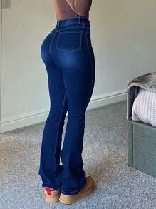 Chicsale Pantalones vaqueros de moda para damas, pantalones vaqueros elásticos, pantalones acampanados, ropa de mujer - Azul lavado oscuro - Ver 4