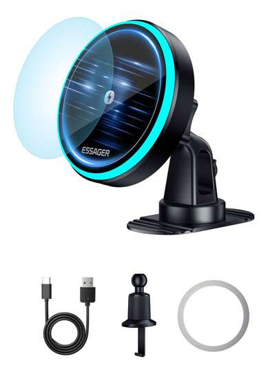 ESSAGER RGB Magnetic Car Phone Holder Qi 15W Wireless Charger Car Compatible With Iphone 14 13 Pro Max Phone Holder Stand Compatible With IPhone, Android Phone, Gift For Birthday, Family, Friends Car Accessories