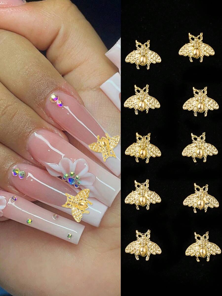 10 đồ trang trí móng tay hình động vật ong vàng, đồ trang trí móng tay bằng hợp kim kẽm ba chiều màu trơn, thích hợp để trang trí tiệm làm móng - Vàng - Xem 1