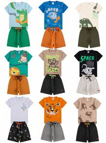 Kit 4 Peças Sortido Conjunto Infantil Menino Verão - 2 Conjuntos - Composto por 2 Camisetas + 2 Bermudas