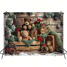 1 pièce, Décor mural pour la fête de Noël et du Nouvel An, mur en bois rural, ours en peluche, feuilles vertes de vacances, pommes de pin et baies rouges, polyester, bannière polyvalente, convient pour une utilisation intérieure et extérieure, accessoires photo pour célébrations de vacances