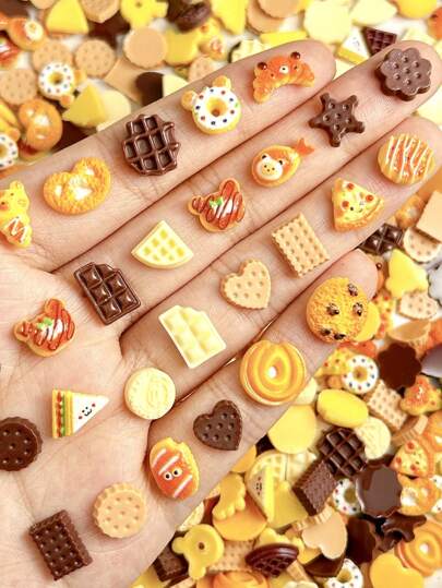 30Pcs Random Mix Cartoon Resin Simulated Chocolate, Cookie, Sandwich, Croissant Cute Fake Food Decor Accessories, Diy For Nail Art Jewelry Nail Supplies Nails Nail Charms Nail Gems