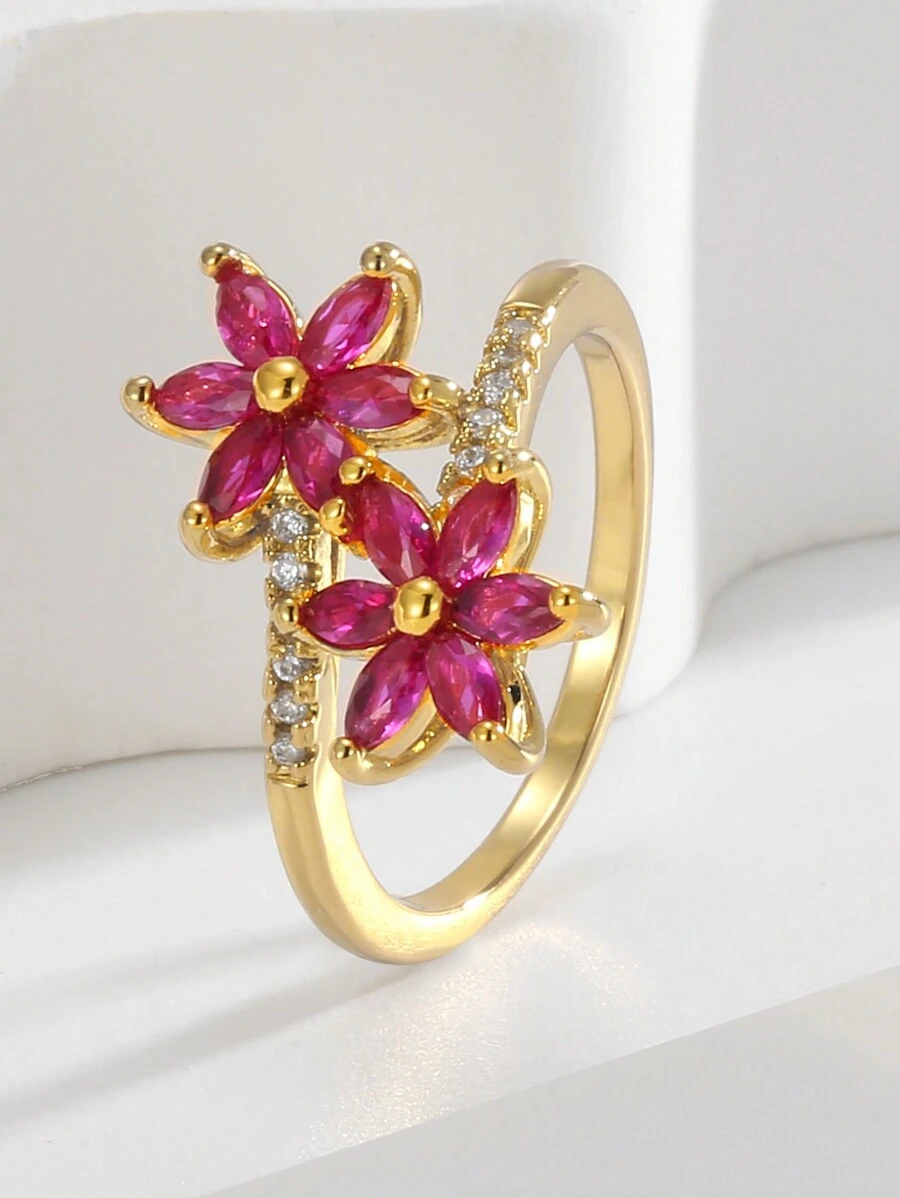 Charm-In 1 pieza Anillo envolvente de joyería de cobre con decoración de flor de circonita cúbica, regalo de San Valentín