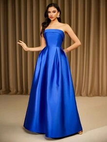 LOVE&LEMONADE Women's Blue Strapless Fitted Maxi Asymmetrical Evening Gown Dress - Blue - View 3