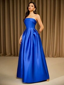 LOVE&LEMONADE Women's Blue Strapless Fitted Maxi Asymmetrical Evening Gown Dress - Blue - View 4
