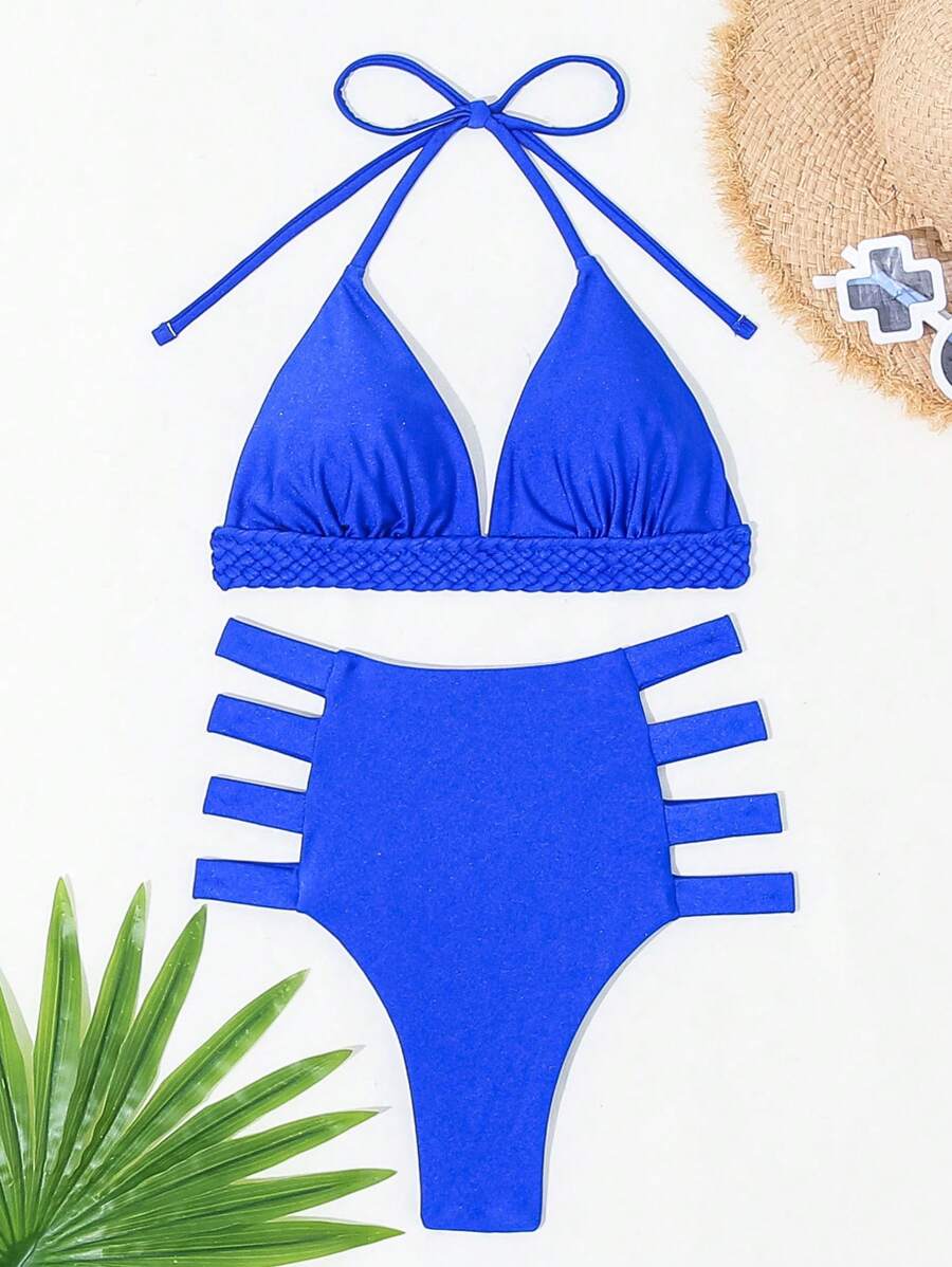 WD MODAS High Waist Bikini Set With Braided Detail And Side Stripes – Modern And Sophisticated XX268 - Màu xanh lam - Xem 1