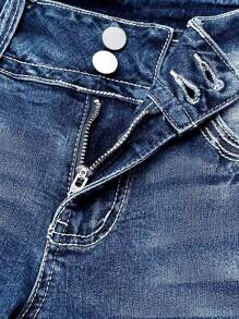 Women's Stretch Double Breasted Micro Flared Jeans, Soft Plain Denim, Classic Basic Style, Comfortable Fit, Suitable For All Seasons - A Must-Have Denim Pants For Women - 深色水洗藍 - 查看 5