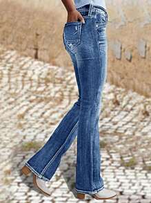 Women's Stretch Double Breasted Micro Flared Jeans, Soft Plain Denim, Classic Basic Style, Comfortable Fit, Suitable For All Seasons - A Must-Have Denim Pants For Women - 深色水洗藍 - 查看 2