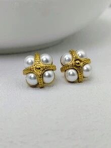 1 Cặp bông tai thời trang bằng thép không gỉ hình hoa và ngọc trai, quà tặng trang sức cho mẹ, vợ, bạn bè - Vàng - Xem 7