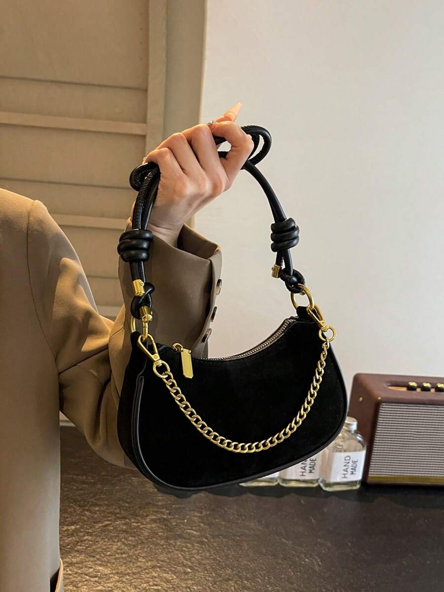 Mini bolso de media luna de un solo hombro y bandolera con decoración de cadena mate de unicolor - Negro - Ver 1