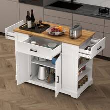 46'' Multi-Storage Rolling Kitchen Island With Rubber Wood Tabletop, Large Farmhouse Kitchen Cart With Adjustable Shelves And Drawers, Movable Dinning Table Bar With Storage Cabinet For Kitchen - 1 - View 2