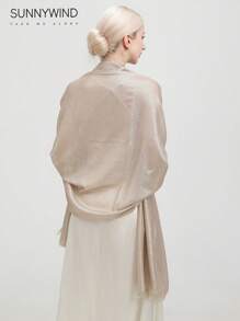 1pc Women's Solid Color Polyester Elegant Gold Thread Scarf, Suitable For Parties - Champagne - View 3