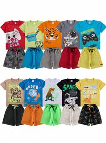 Kit Sortido 10 Peças Conjunto Infantil Menino Verão - 5 Camisetas + 5 Bermudas