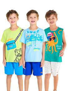 Kit Sortido 10 Peças Conjunto Infantil Menino Verão - 5 Camisetas + 5 Bermudas