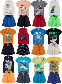 Kit Sortido 10 Peças Conjunto Infantil Menino Verão - 5 Camisetas + 5 Bermudas
