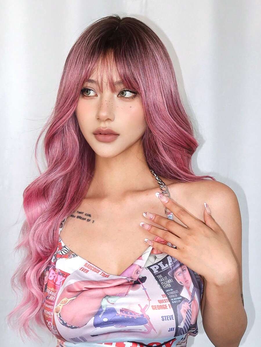 1piece Pink 24 Inch Long Curly Synthetic Wig With Bangs For Women Pink Hair Daily Cosplay Party Wigs - 粉色 - 查看 1