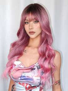 1piece Pink 24 Inch Long Curly Synthetic Wig With Bangs For Women Pink Hair Daily Cosplay Party Wigs - 粉色 - 查看 2