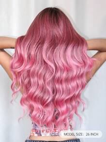 1piece Pink 24 Inch Long Curly Synthetic Wig With Bangs For Women Pink Hair Daily Cosplay Party Wigs - 粉色 - 查看 5