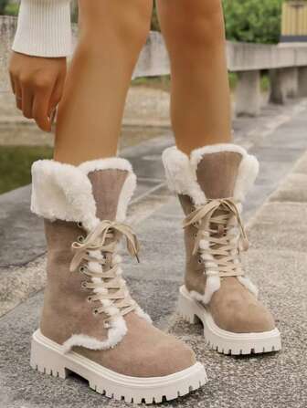 中筒厚底雪地靴女2024冬季新款洋气交叉绑带毛绒内里时尚百搭经典靴子