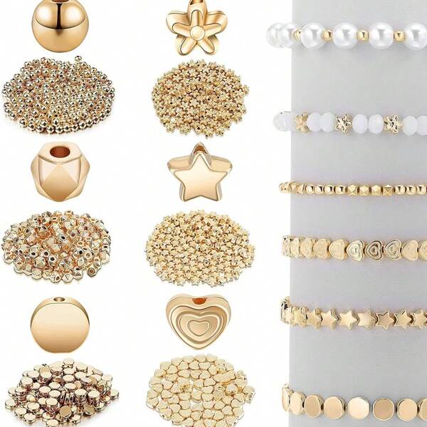 Juego de 400 piezas / 600 piezas Cuentas espaciadoras con diseños de estrellas, bolas redondas, rondelas facetadas, corazones, flores y discos planos sueltos para hacer pulseras, pendientes, collares y joyería