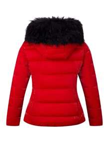 Womens Lightweight Jacket, Winter Coats For Women Warm Quilted Bubble Padded Hood Coat With Faux Fur Collar - 紅色 - 查看 5