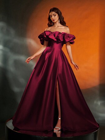 Anymoon Women's Formal Evening Dress With Ruched Bust Detail And High Slit Hem ,Suitable For Formal Occasions, Party Dress, Wedding Guest Dress,Gown