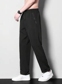 Pantalones deportivos para hombres, ligeros, transpirables y de secado rápido con bolsillos con cremallera, pantalones largos de moda para todo uso en verano y otoño - Negro - Ver 2