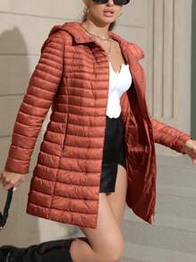 Women's Puffer Jacket Quilted Lightweight Padding Hood Packable Bubble Coat - Orange - View 5