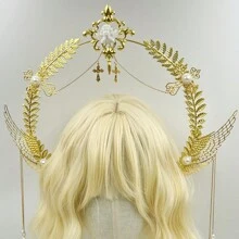 1pc Women's Golden Faux Pearl Chain Metal Lolita Angel Halo Sun Crown Headband, Suitable For Daily Wear, Cosplay, Photography Props Halloween