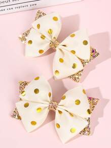 2 件装幼儿女孩闪光发夹、金色波尔卡圆点发夹、双层缎带发夹、鳄鱼夹、儿童青少年发饰、节日派对舞会发夹 - 彩色 - 查看 12
