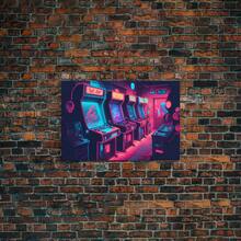 1 张帆布海报，实木带框，Synthwave 游戏室艺术，90 年代霓虹复古街机室壁画，带框帆布印花布 - 彩色 - 查看 1