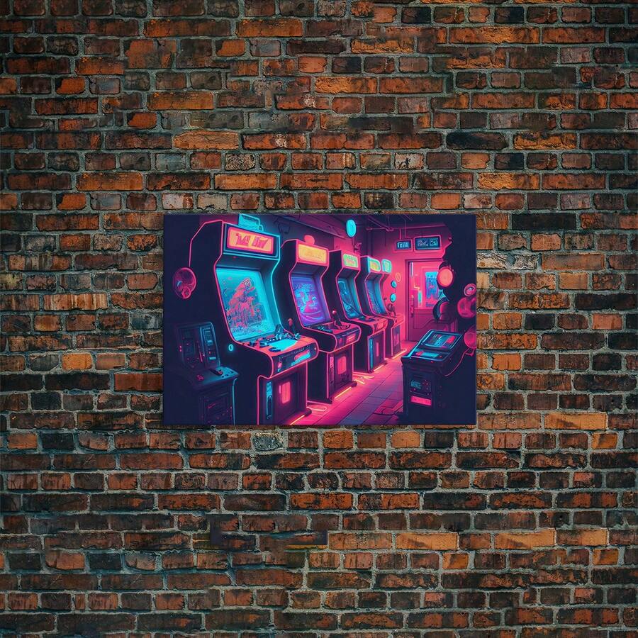 1 张帆布海报，实木带框，Synthwave 游戏室艺术，90 年代霓虹复古街机室壁画，带框帆布印花布 - 彩色 - 查看 1