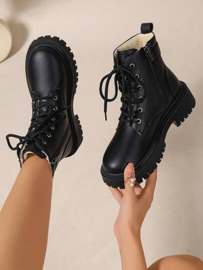 Nowe buty damskie na jesień/zimę 2025, ciepłe buty damskie, modne, uniwersalne buty damskie na co dzień, skórzane botki, czarne krótkie botki ze sznurowaniem i zamkiem z boku, krótkie botki Chelsea dla kobiet