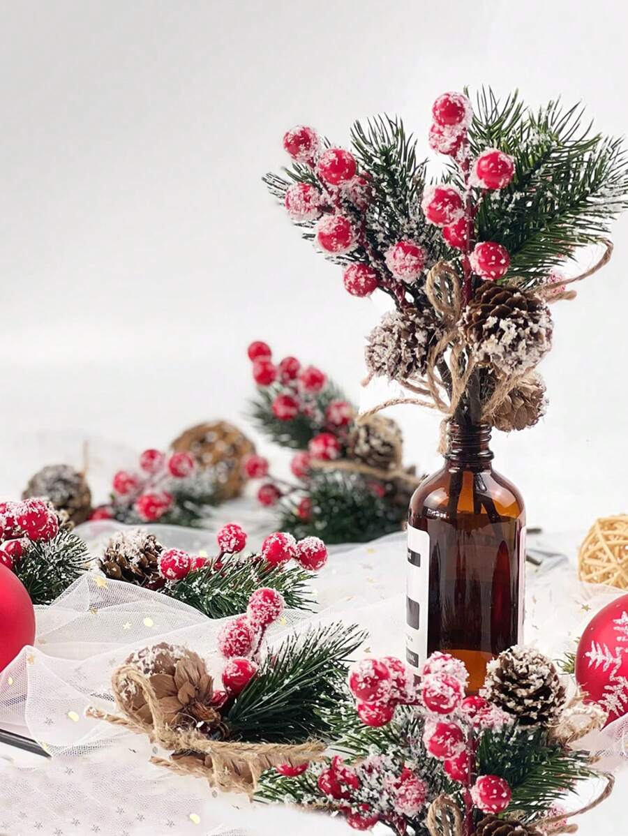 10ocs/4pcs/1pc 人造圣诞花艺采摘，红色假浆果采摘茎，松枝配松果冬青叶，用于花瓶插花花环冬季假期装饰工艺品，圣诞树装饰圣诞树装饰圣诞派对用品家庭花瓶派对装饰适用于室内/室外节日和冬季派对感恩节餐桌中心装饰 - 彩色 - 查看 1