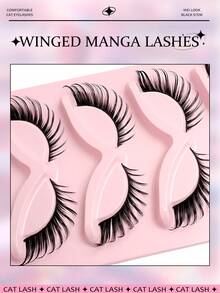 Asiteo 5 Pairs Cat Eye False Eyelashes 3D Curly Fluttering Natural Messy Tail Eye Shape Lengthening Soft Black Lashes Cartoon Style False Eyelashes - 眼尾拉長款 - 查看 3