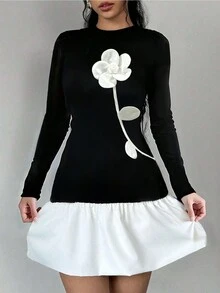 Váy bó lãng mạn họa tiết hoa thanh lịch dành cho nữ, mùa thu - màu đen - Xem 5