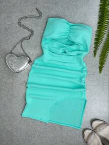 Short Strapless Dress - 橄欖綠 - 查看 5