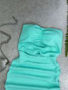 Short Strapless Dress - 橄欖綠 - 查看 7